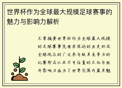 世界杯作为全球最大规模足球赛事的魅力与影响力解析